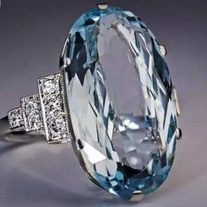 New Light Sky Blue Ring Solitaire Band Oval Stone